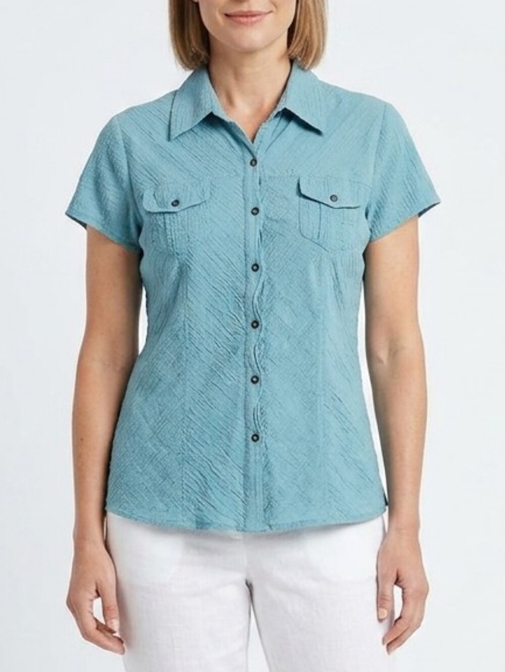 J Jill Relaxed Cotton Gauze Button Up | Teal | Size Medium Petite Short Sleeve